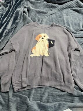 Hollister Light Gray Knit Sweater with Puppy Graphic